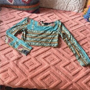 FARM Rio Teal Printed Long Sleeve Crop Top Boho Festival Brazil Size G